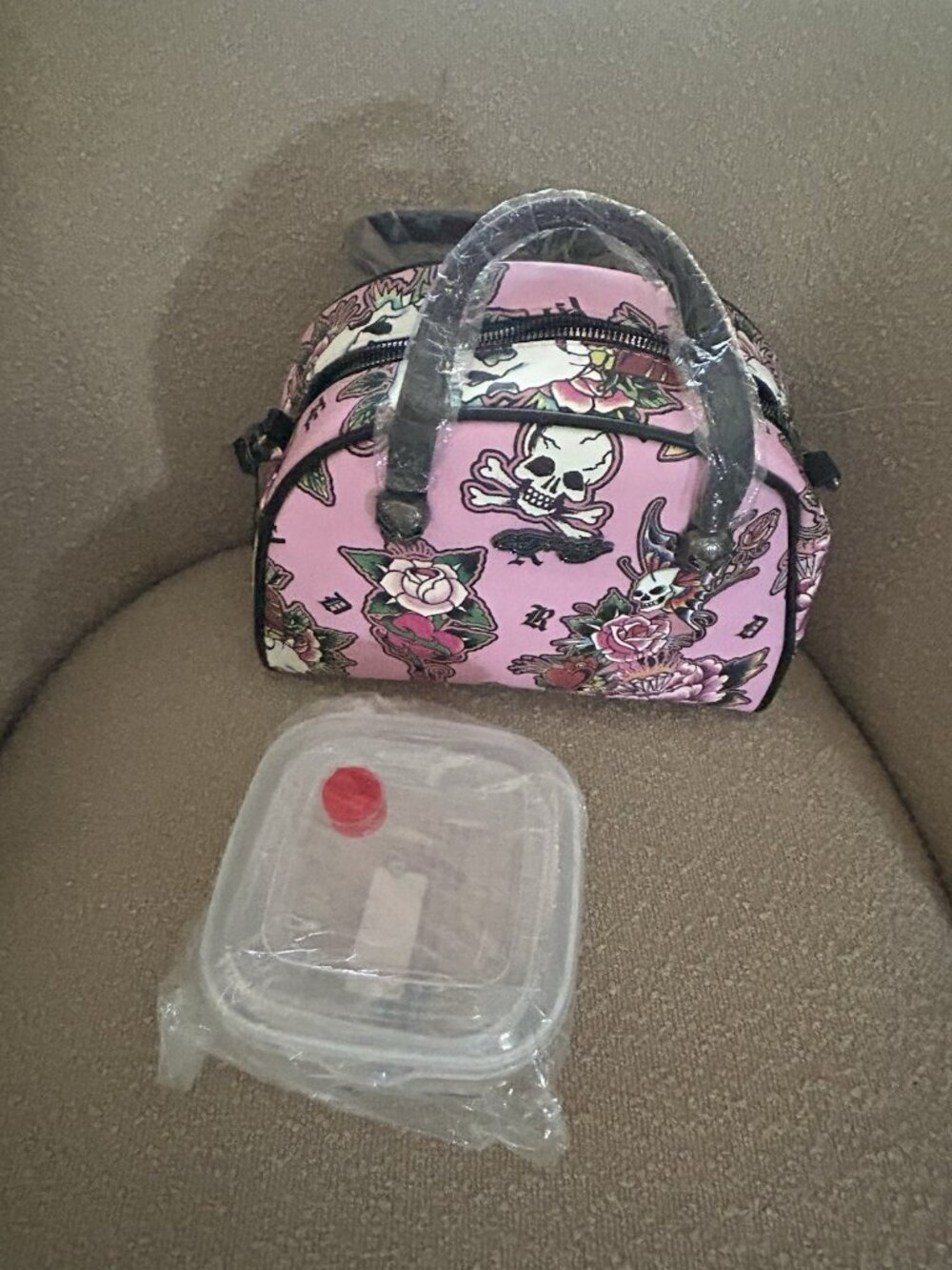 Ed Hardy Bowling Bag Lunch Box Insulated Thermal Cooler Crossbody Pink Skulls